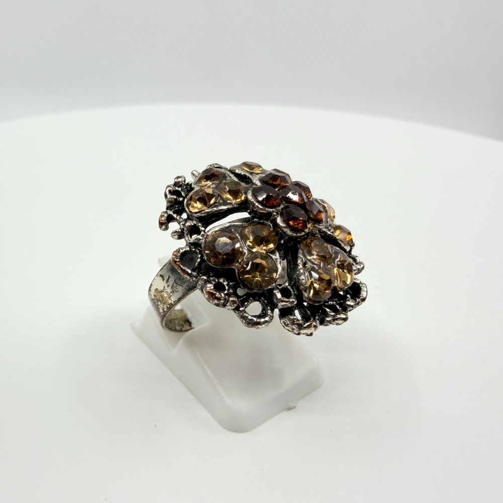 Vintage Retro Amber Smoky Rhinestone Flower Cocktail Ring Silver Tone Size 7